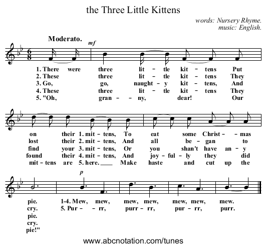 the Three Little Kittens - staff notation