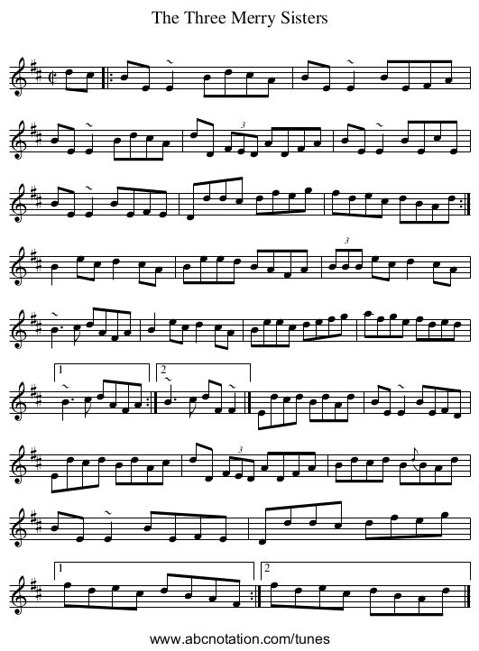 The Three Merry Sisters - staff notation