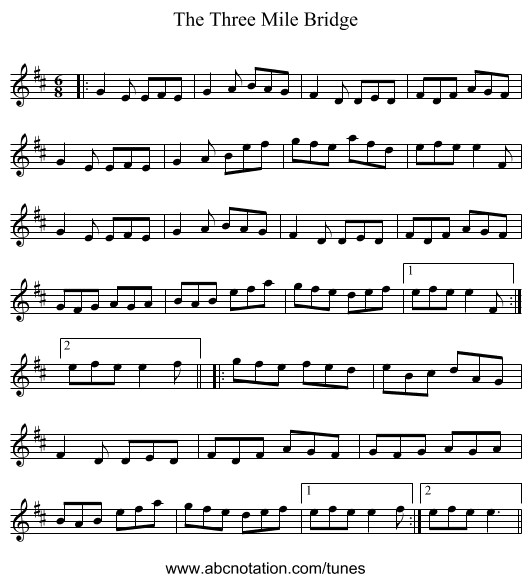 The Three Mile Bridge - staff notation