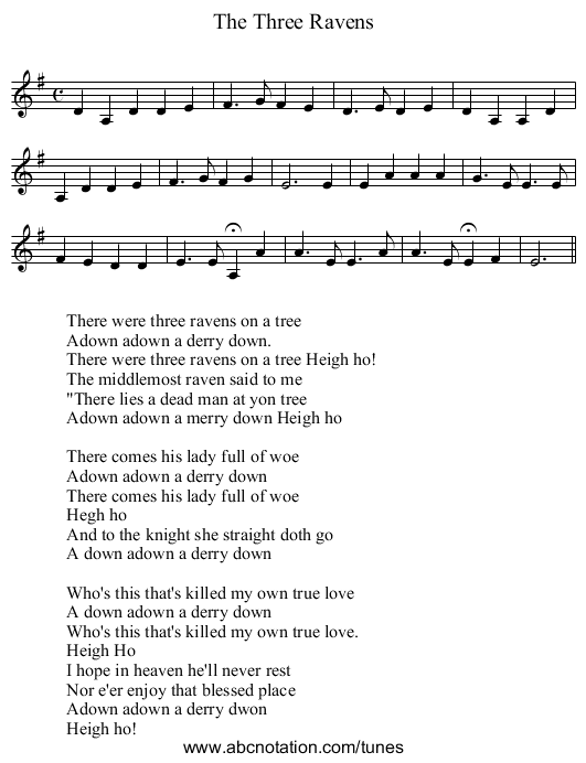 The Three Ravens - staff notation