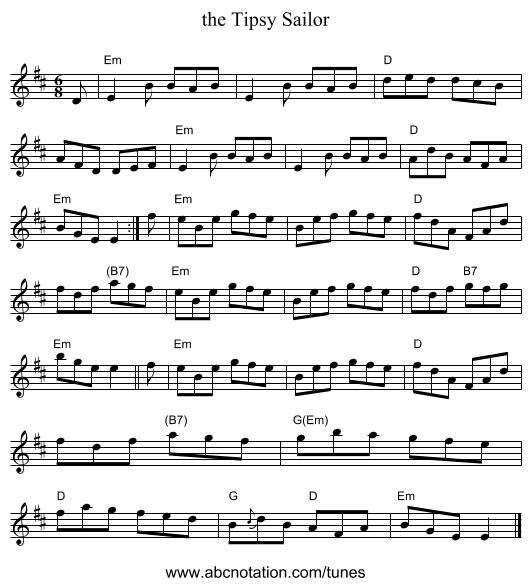 the Tipsy Sailor - staff notation