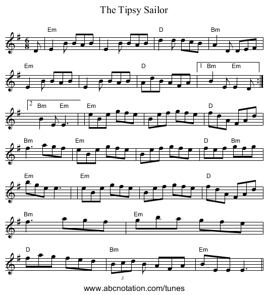 The Tipsy Sailor - staff notation