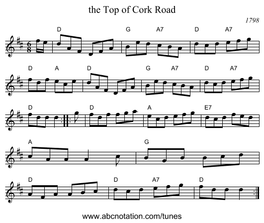the Top of Cork Road - staff notation