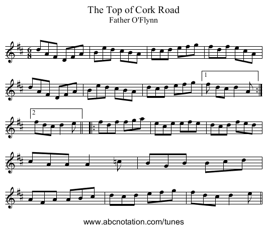 The Top of Cork Road - staff notation