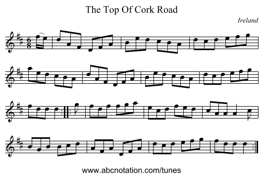 The Top Of Cork Road - staff notation