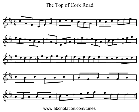 The Top of Cork Road - staff notation