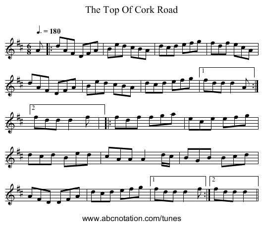 The Top Of Cork Road - staff notation