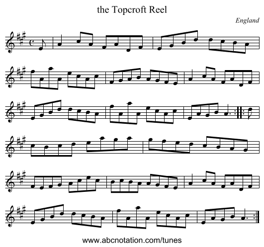 the Topcroft Reel - staff notation