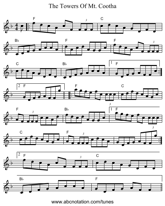 The Towers Of Mt. Cootha - staff notation