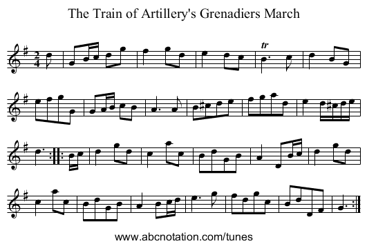 The Train of Artillery's Grenadiers March - staff notation