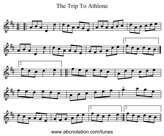 The Trip To Athlone - staff notation
