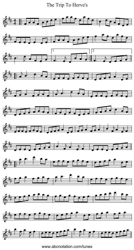 The Trip To Herve's - staff notation