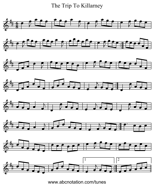 The Trip To Killarney - staff notation