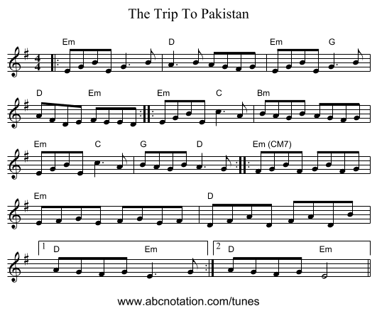 The Trip To Pakistan - staff notation