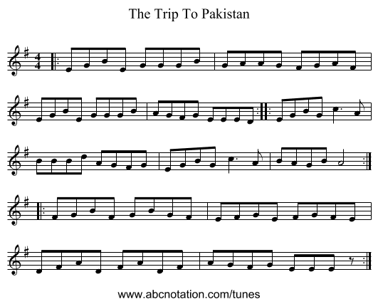 The Trip To Pakistan - staff notation