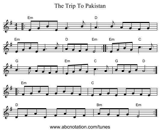 The Trip To Pakistan - staff notation