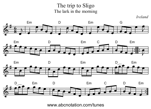 The trip to Sligo - staff notation