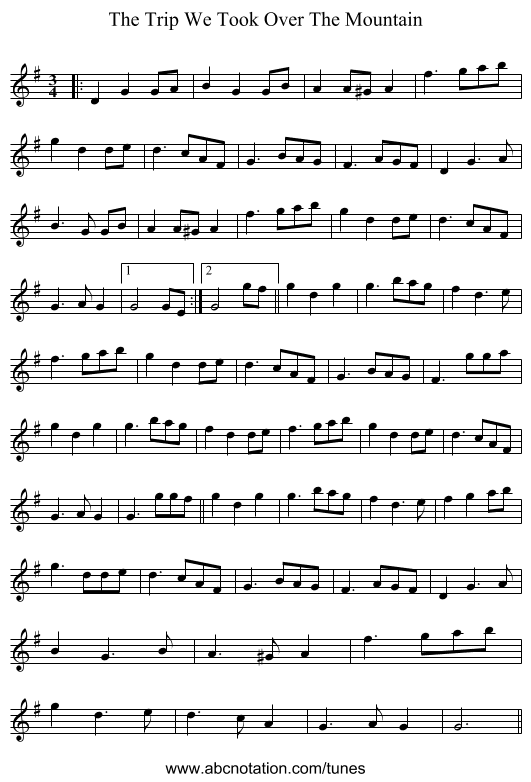 The Trip We Took Over The Mountain - staff notation