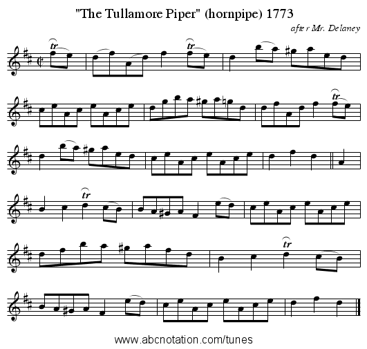 The Tullamore Piper (hornpipe) 1773 - staff notation