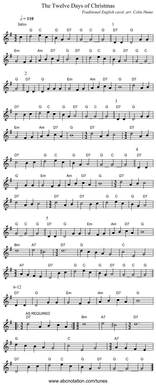 The Twelve Days of Christmas - staff notation