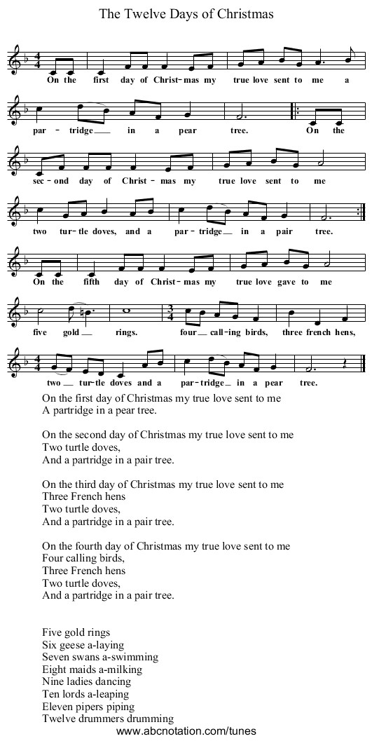 The Twelve Days of Christmas - staff notation