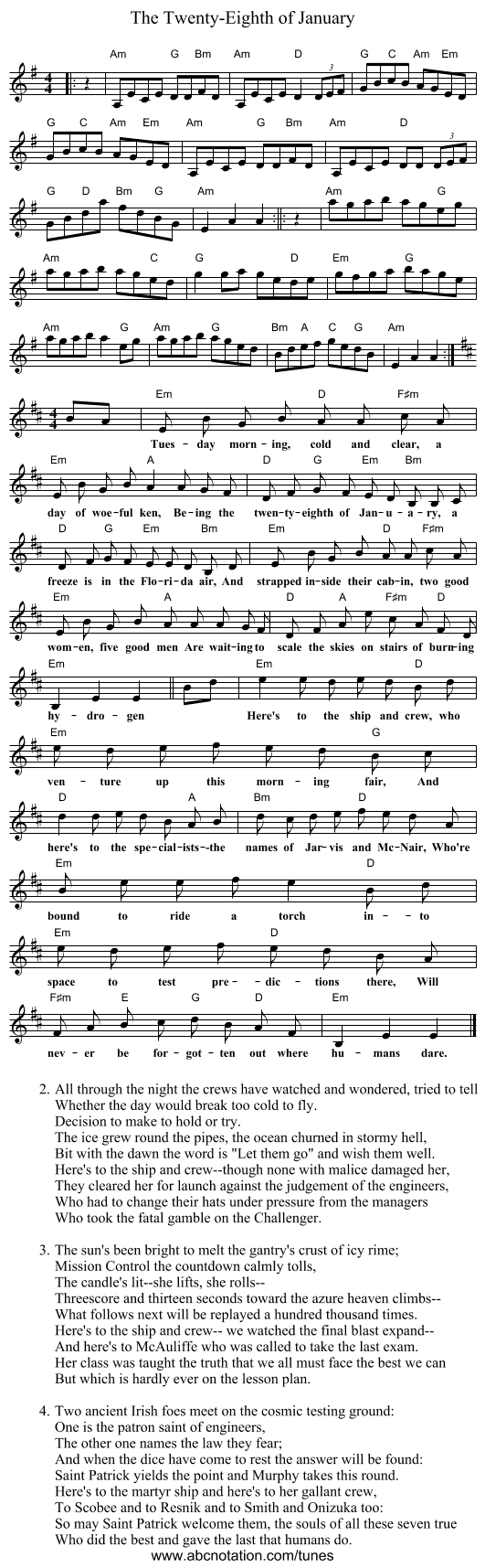 The Twenty-Eighth of January - staff notation