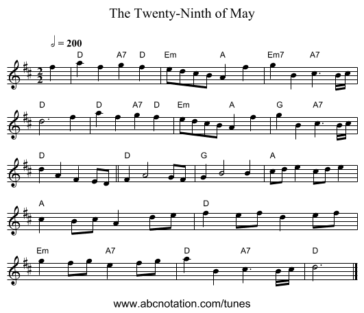 The Twenty-Ninth of May - staff notation