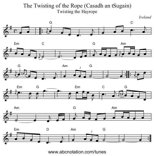 The Twisting of the Rope (Casadh an tSugain) - staff notation