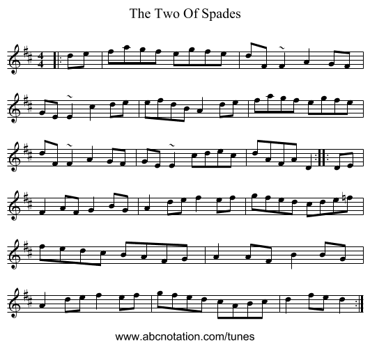 The Two Of Spades - staff notation