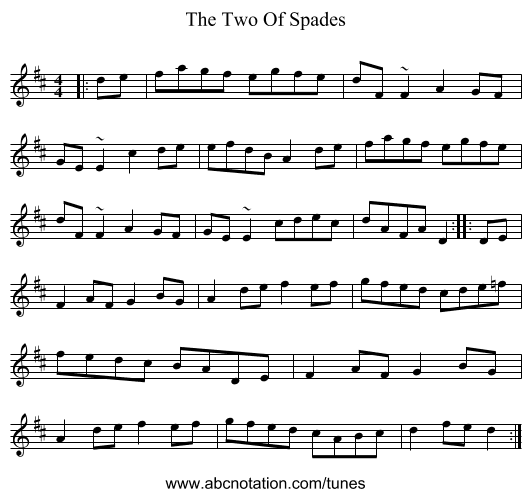 The Two Of Spades - staff notation