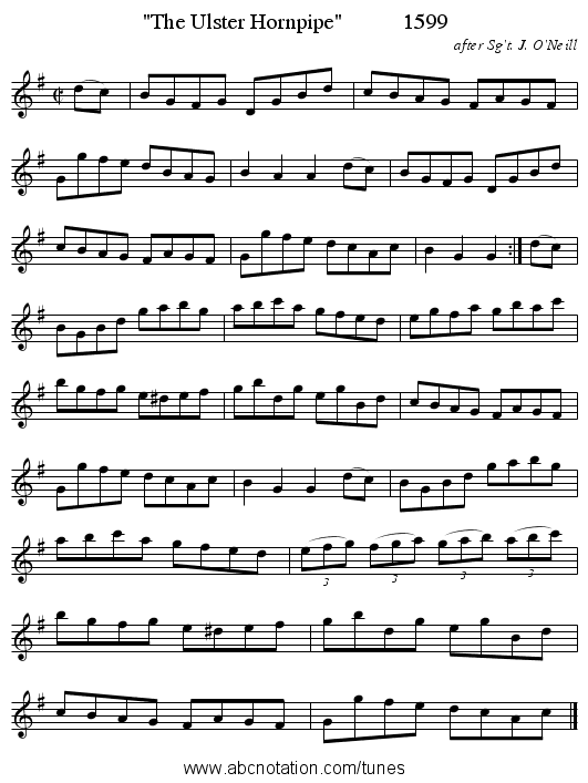 The Ulster Hornpipe 1599 - staff notation