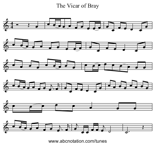 The Vicar of Bray - staff notation