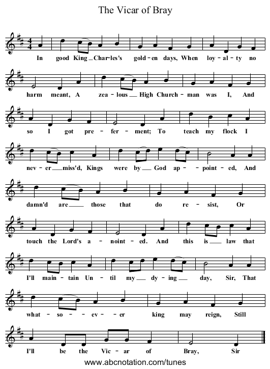 The Vicar of Bray - staff notation