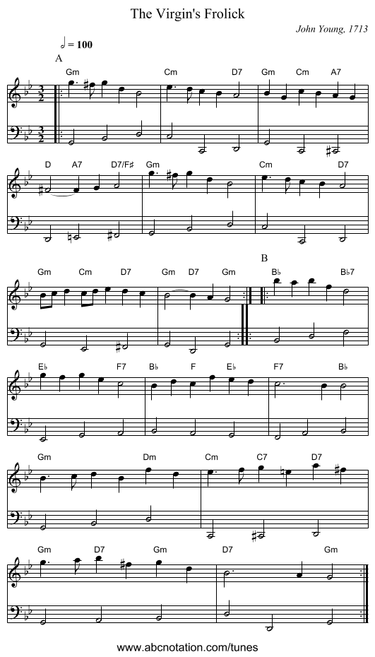 The Virgin's Frolick - staff notation