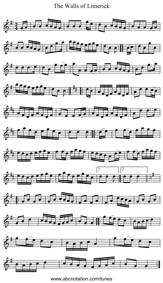 The Walls of Limerick - staff notation