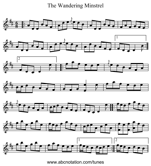 The Wandering Minstrel - staff notation