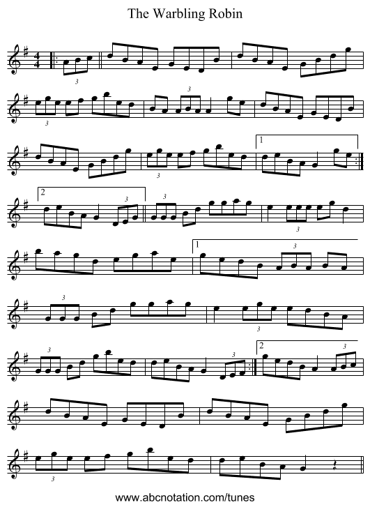 The Warbling Robin - staff notation