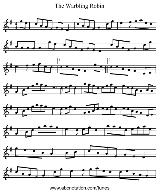 The Warbling Robin - staff notation
