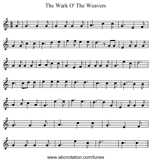 The Wark O' The Weavers - staff notation