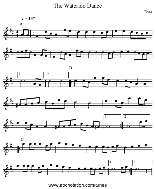 The Waterloo Dance - staff notation