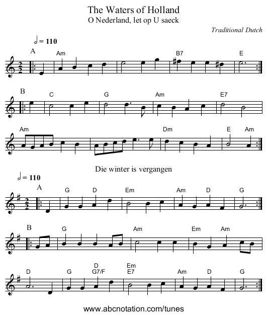 The Waters of Holland - staff notation