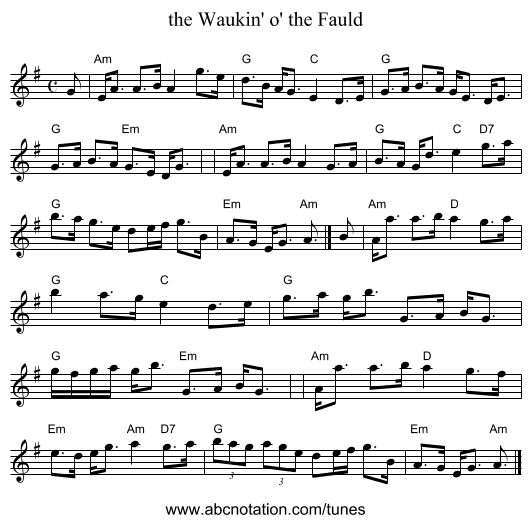 the Waukin' o' the Fauld - staff notation