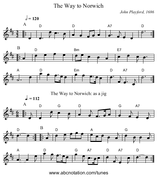 The Way to Norwich - staff notation