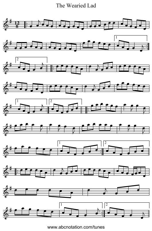 The Wearied Lad - staff notation