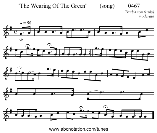The Wearing Of The Green        (song)         0467 - staff notation