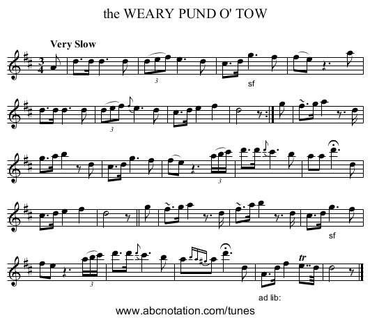 the WEARY PUND O' TOW - staff notation