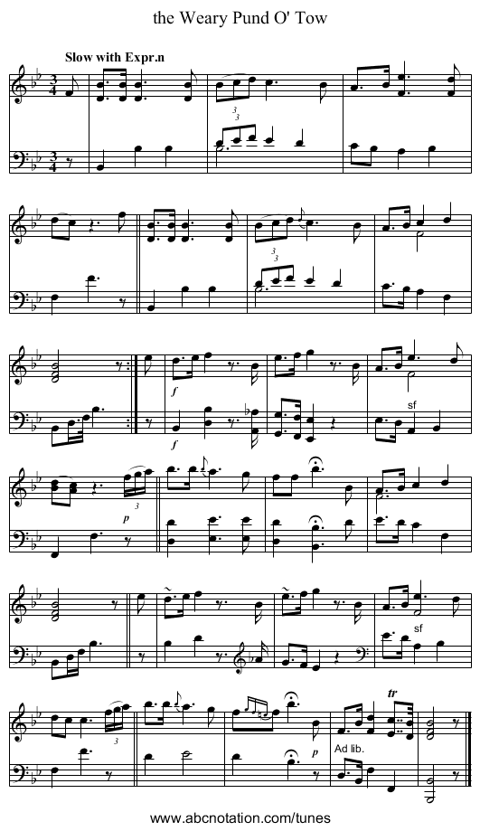 the Weary Pund O' Tow - staff notation