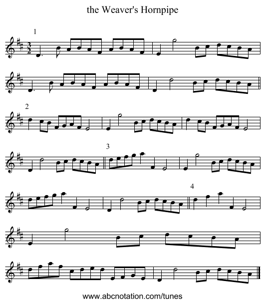 the Weaver's Hornpipe - staff notation