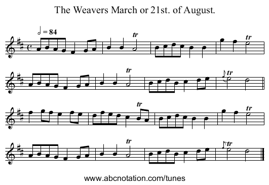 The Weavers March or 21st. of August. - staff notation
