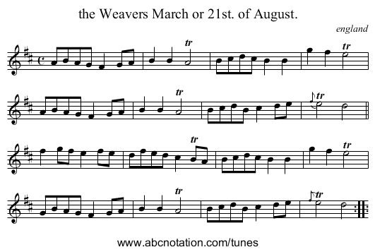 the Weavers March or 21st. of August. - staff notation